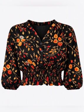 Hayden Black Floral Long-Sleeve crop top- size Small